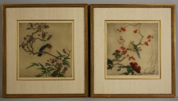 Pair of Elyse Ashe Lord colored drypoints : Pair of drypoints in color by Elyse Ashe Lord (British, 1900-1971) titled "K'o Ssu", in the Oriental style, depicting birds in trees. Each signed lower right. Numbered lower left, 29/75 and 44/75. Exc