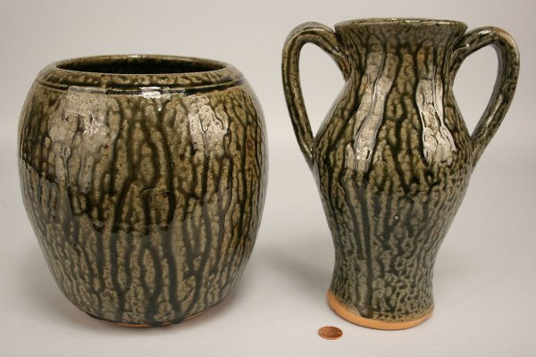 Grouping of Cleater and Billie Meaders pottery: 1st item - Meaders pottery vase with two handles and runny alkaline green glaze, incised in script on base "Cleater and Billie Meaders" and " Nov. 21, 1996". Overall excellent condition with several s