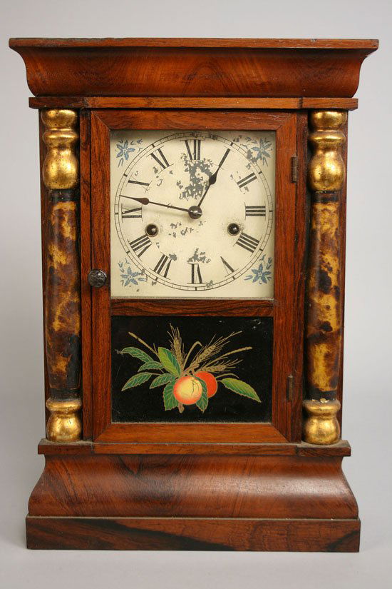 New Haven Clock with reverse paint: Mantle clock manufactured by New Haven Clock, Co., Connecticut, with tin dial, reverse paint still life of peaches on glass and marbleized columns. Column string, day striking model. Retains interior