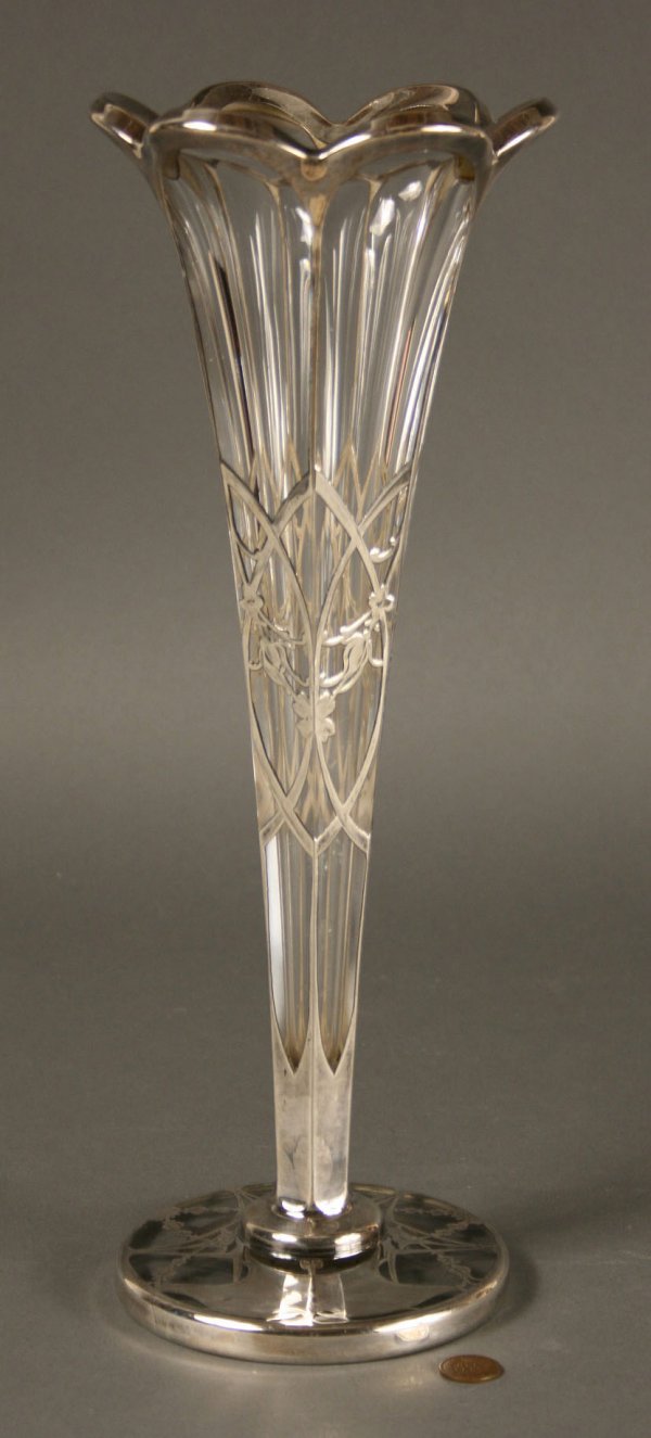 Sterling silver overlay crystal vase: Large sterling silver overlay crystal vase in the Art Nouveau style. Excellent condition. 15" H. Early 20th century.