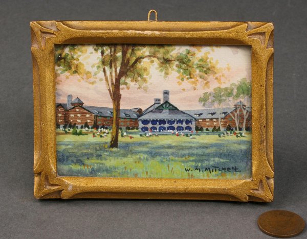 Willard M. Mitchell Miniature Watercolor: Williard M. Mitchell, miniature watercolor in hand carved gilt frame depicting the Log Chateau of the Seigiory Club at Montebello, P. Q. Canada overlooking several miles of the Ottawa valley and river