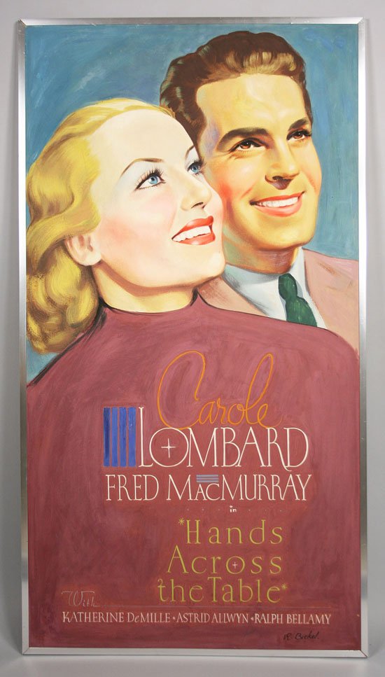 Movie illustration, Hands Across the Table : R. Bickel framed tempura on board advertisement for the movie "Hands Across The Table" featuring Carole Lombard and Fred MacMurray with Katherine Demille, Astrid Allwyn, Ralph Bellamay. Signed lower r