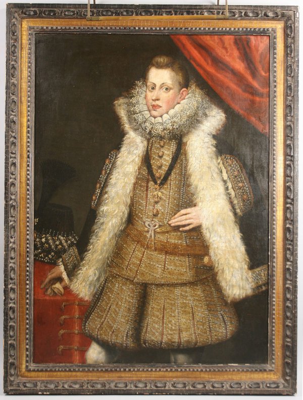 Continental School portrait, Philip IV of Spain: Continental school oil on canvas painting, a three-quarter length portrait attributed to the image of a young Philip IV of Spain (1605-1665), with elaborate ruff and fanciful embroidery. Label en vers