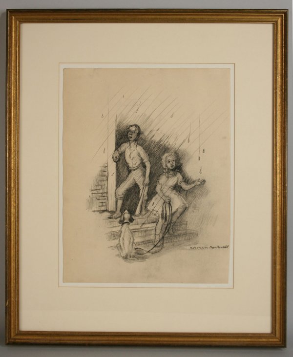 Pencil drawing after Norman Rockwell: Framed pencil drawing signed lower right Norman Rockwell, most likely "after" Norman Rockwell, depicting young boy and girl with dog watching rain. Overall very good condition with slight bending of u