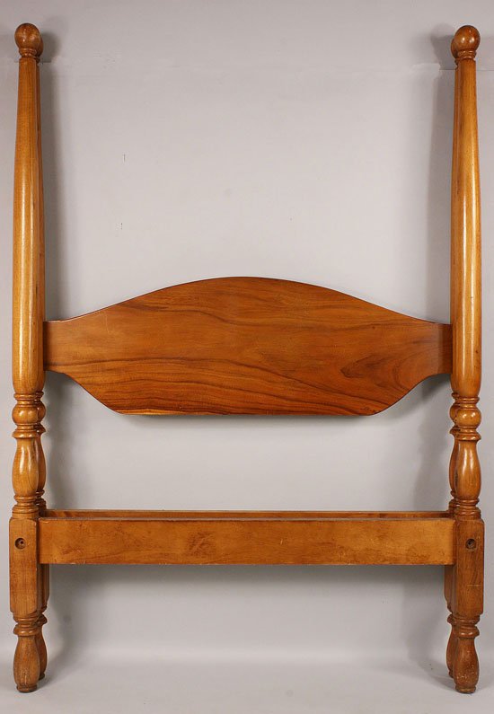 Four poster bed, Iolani Palace History: Four Poster Wooden Bed Frame with what appears to be Koa wood headboard and posts. Condition - Overall expected wear with scattered minor scratches, missing upper cross piece on footboard. 74" h x 81"