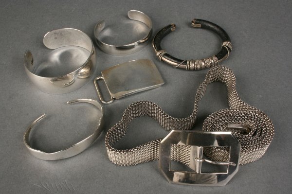 6 sterling fashion items, Mexican & American: Lot of 6 sterling fashion items. 1st item - Sterling silver belt buckle with anchor hallmark and stamped sterling. 2nd item - Large sterling silver cuff bracelet stamped Kirk & Son sterling. 3rd item 