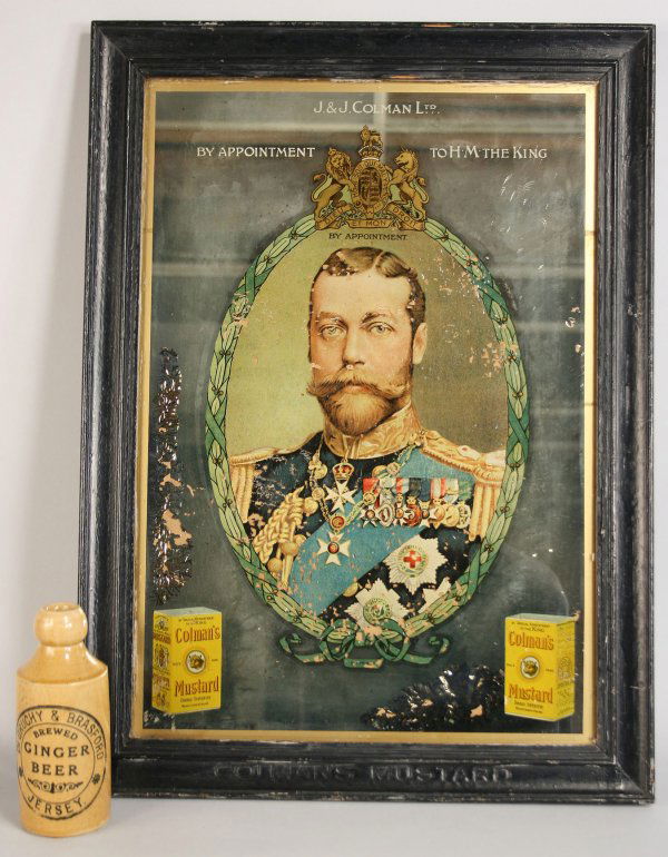 2 pcs antique English advertising: 2 British advertising items. 1st item: Colman's Mustard Mirror, J & J. Colman/by Appointment to H.M. the King, with printed portrait of George V. Some areas of under glass flaking and loss of silverin
