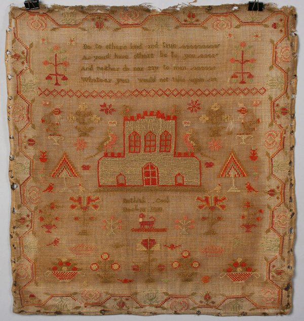 Needlework sampler with building, 1838: Schoolgirl needlework sampler, most likely English, dated December 18, 1838 and wrought by Bethiah Cook, with central castle type structure surrounded by trees, animals, and flowers with floral border