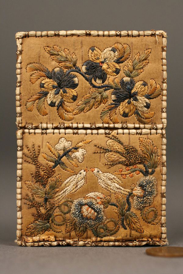 Native Am. Floral Embroidered Birch Bark Card Case: Northeast Native American Moose Hair Embroidered Birch Bark Card case, possibly Huron, depicting multicolored elaborate floral designs with bird and berry motifs. Overall excellent condition. Measures