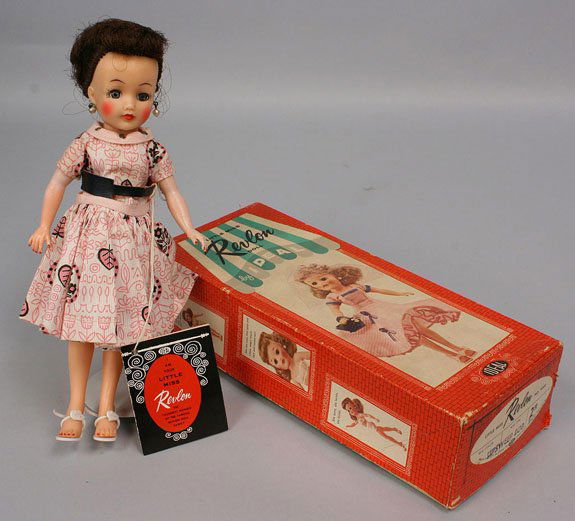 Ideal Little Miss Revlon, orig. tag box & clothes: Little Miss Revlon doll by Ideal, vinyl socket head marked Ideal Doll VT 10 1/2 on adult modeled body, swivel waist, rooted brunette hair, sleep eyes, original clothing including bra and girdle, earri