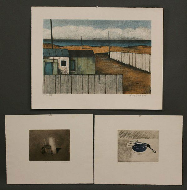 Colored lithographs & etchings, Breiter & Antonini: Colored lithograph signed and dated lower right "Herbert Breiter , '67" (Austria, b. 1927) and numbered lower left 198/275 depicting coastal scene. Unframed. Overall excellent condition. Overall sheet