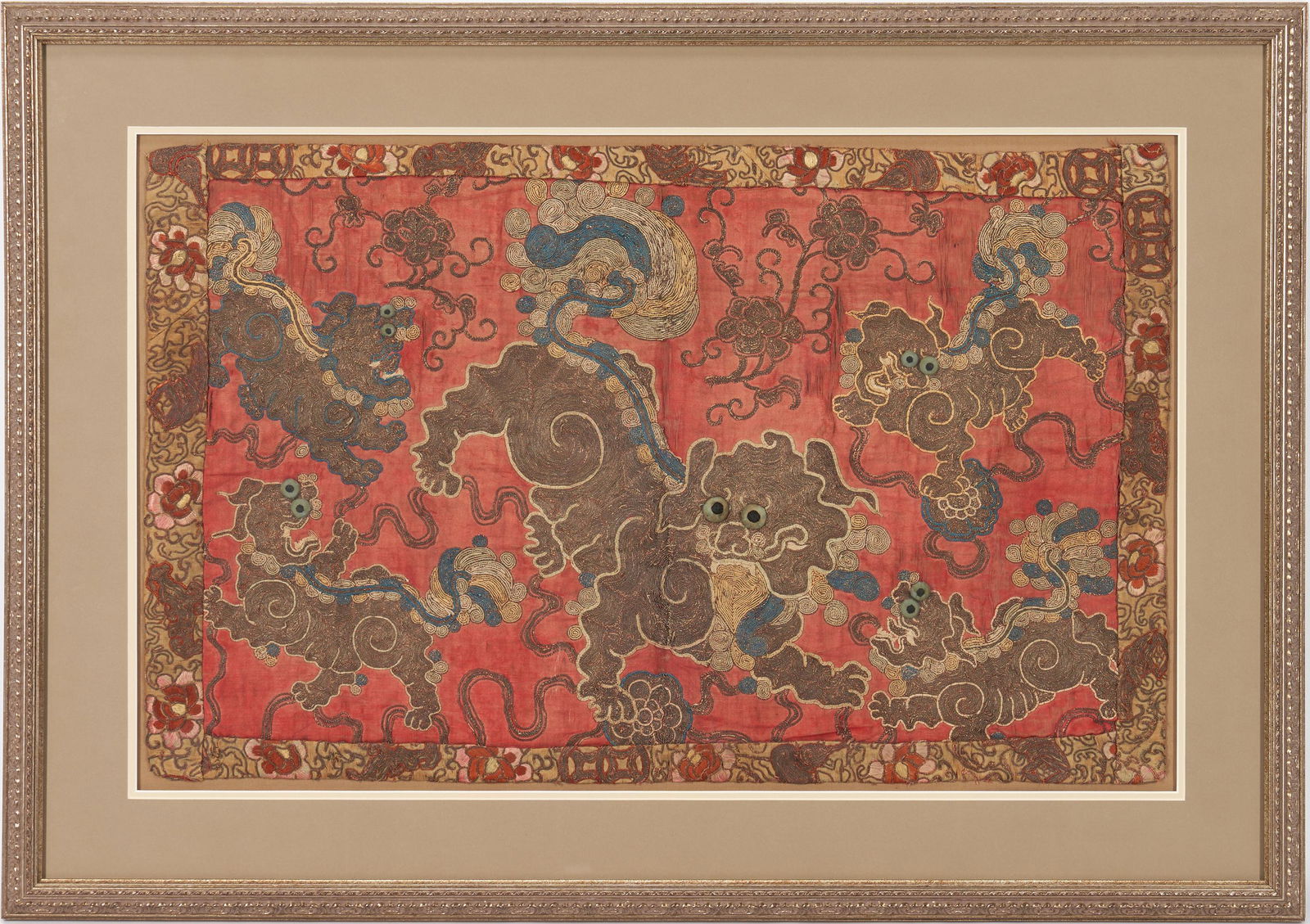Framed Chinese Embroidered Textile of Temple Lions or (1 of 7)
