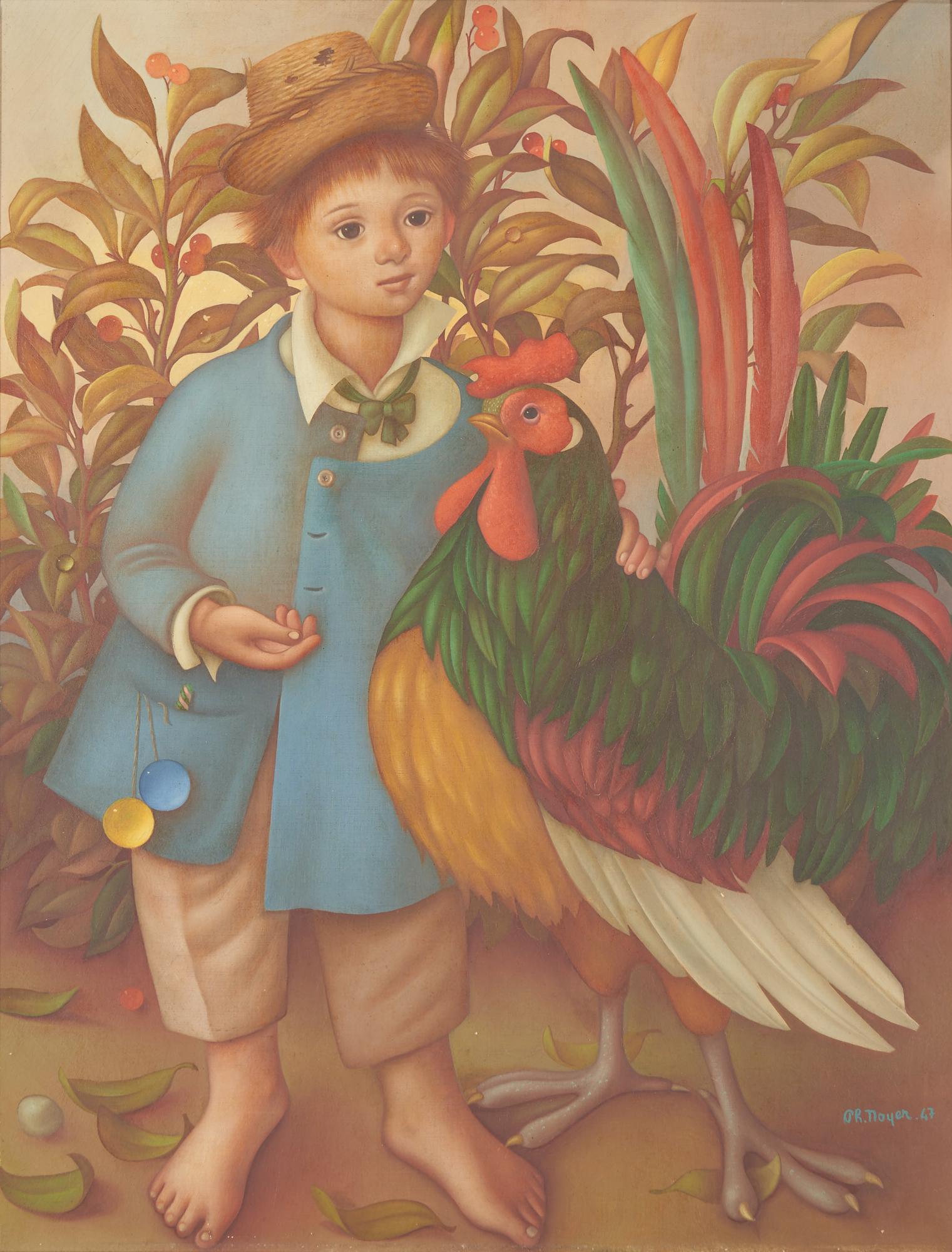 Philippe Henri Noyer O/C Painting, Boy w/ Rooster (1 of 14)