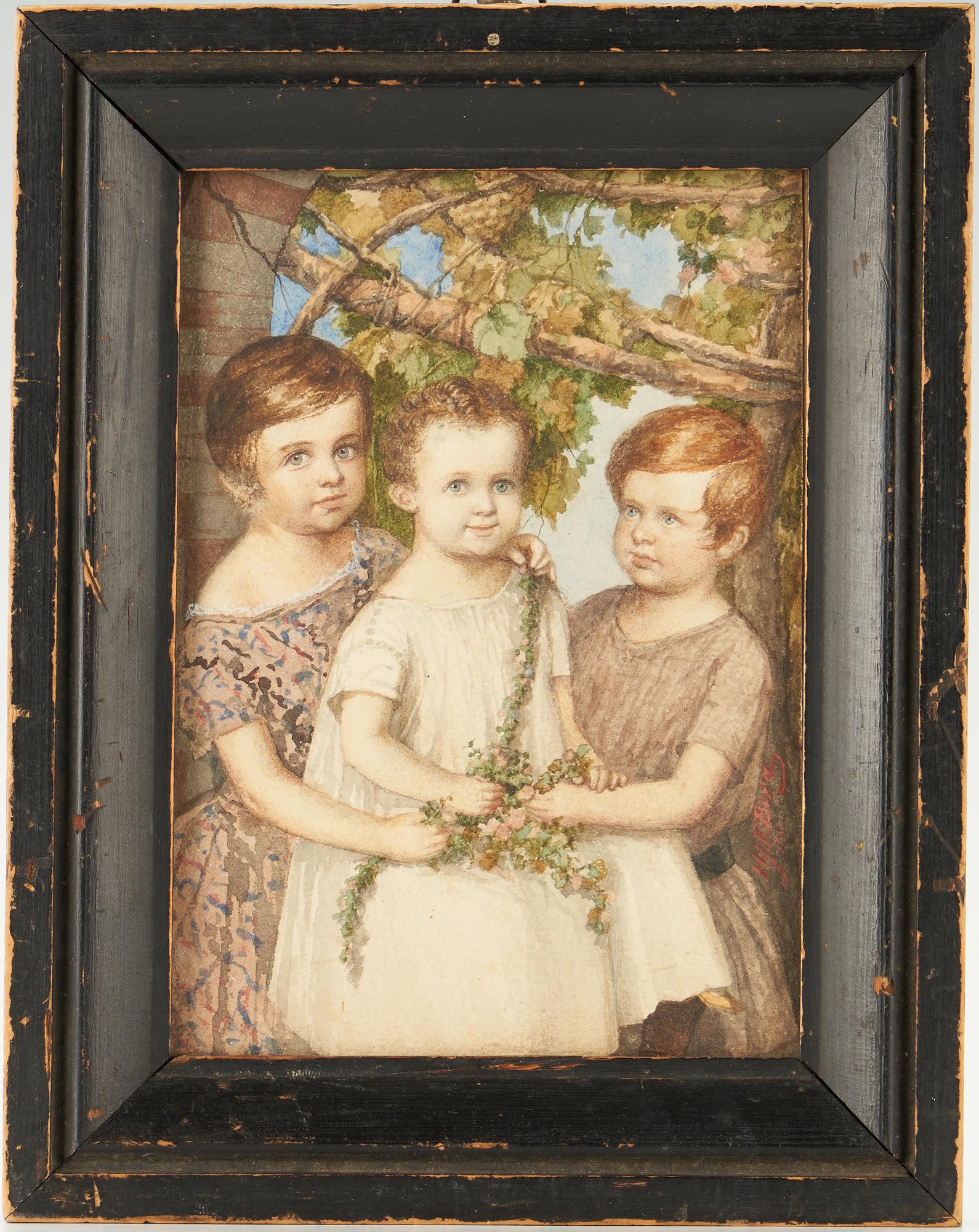 Hans J.F. Berg, Watercolor Portrait of 3 Children: Hans Johan Frederick Berg (Norwegian, 1813-1874) watercolor on cardstock portrait of three children standing in an arched doorway; the youngest child, in white, is positioned at the center holding a g