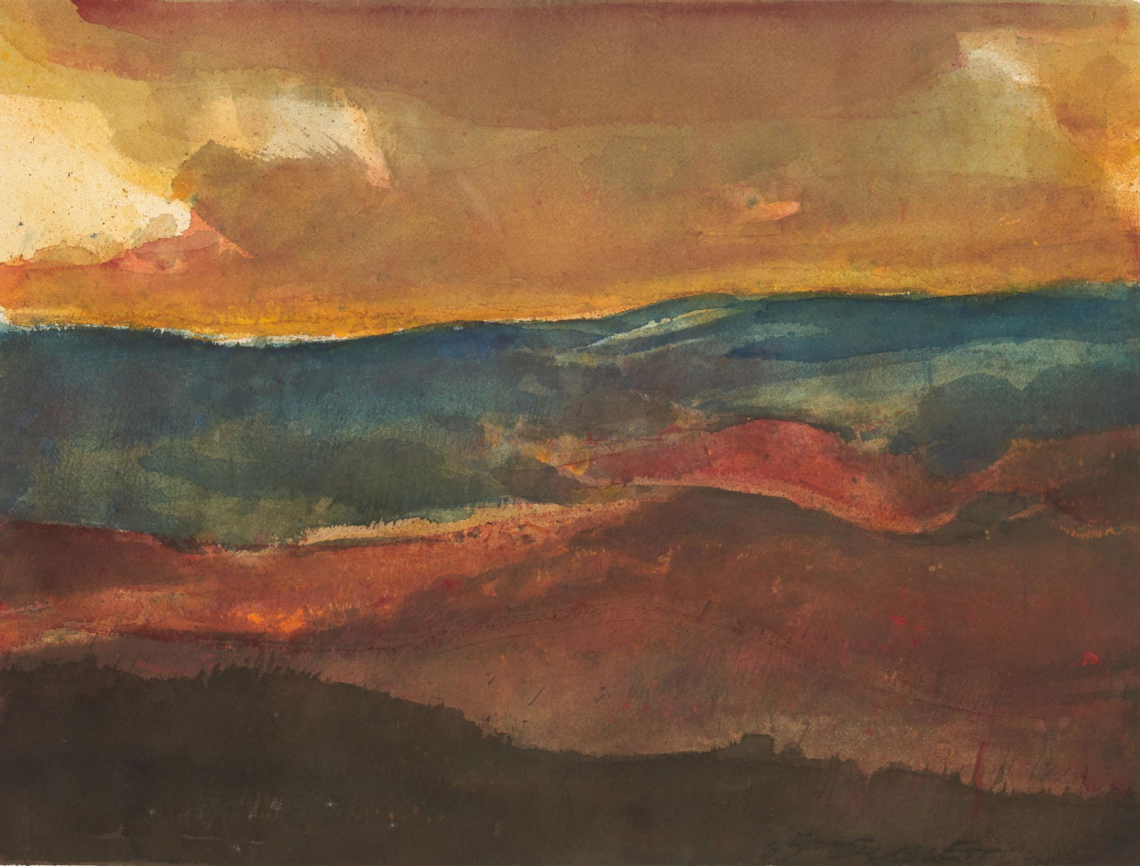 Carl Sublett W/C Expressionist Painting, Mountain Range (1 of 8)