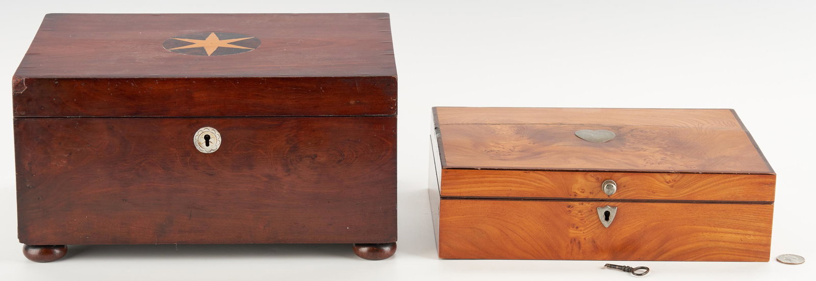2 19th C. Wooden Boxes, incl. Sewing Kit & Bone Tools: Two (2) wooden boxes, including 19th century sewing kit. 1st item: One (1) sewing box, likely elm, with burl veneers and inlaid metal heart shield on hinged lid with a metal finial handle above escutc