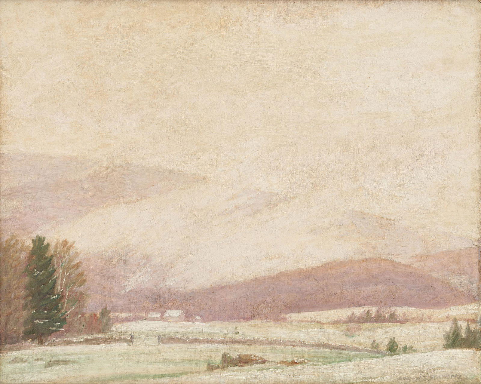Andrew Thomas Schwartz Oil Painting, Winter Landscape: Andrew Thomas Schwartz (New York, 1867-1942) oil on canvas laid down on board painting depicting a winter landscape with a row of farmhouses visible in the background beneath a mountain range and a wh