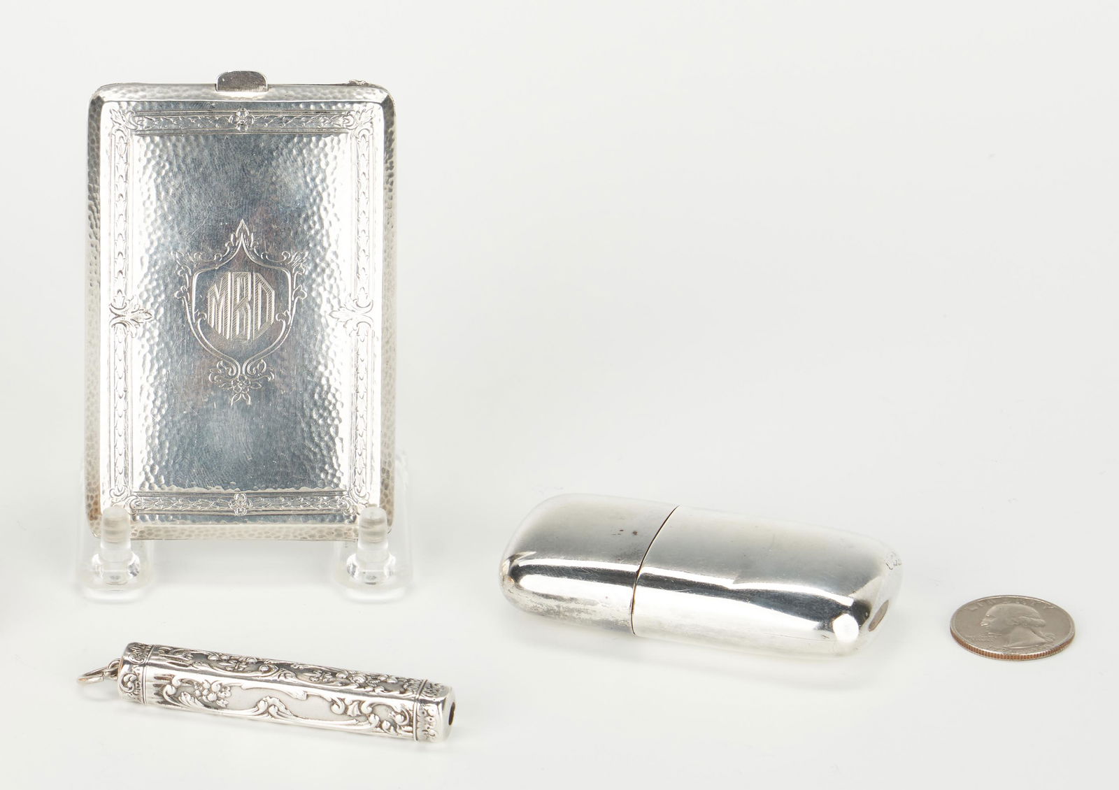 3 Sterling Silver Items, Purse, Pen, & Flask (1 of 6)