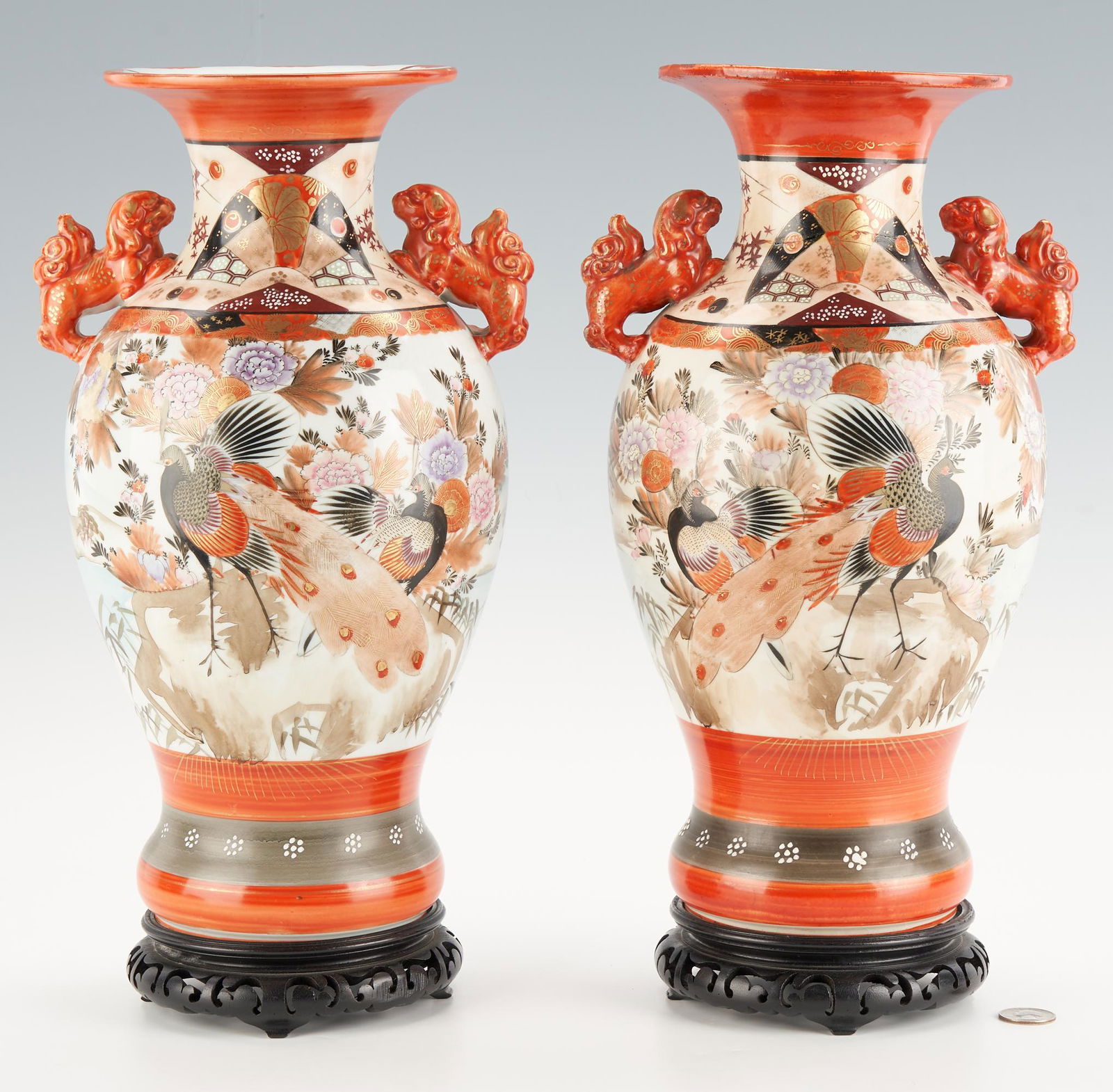 Pr. Japanese Kutani Porcelain Vases w/ Foo Dog Handles (1 of 8)