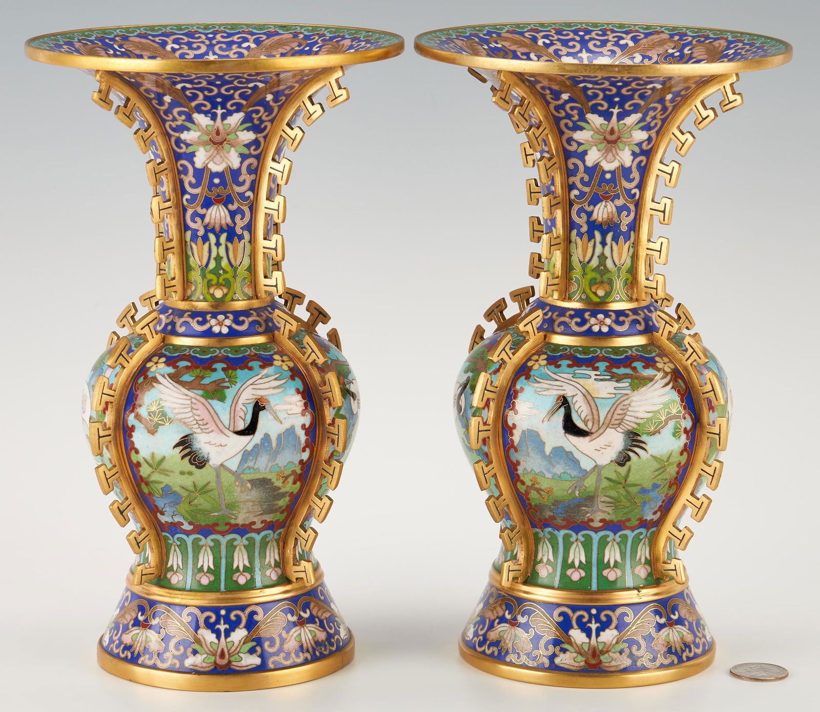 Pr. Chinese Cloisonne Vases w/ Crane Decoration (1 of 9)