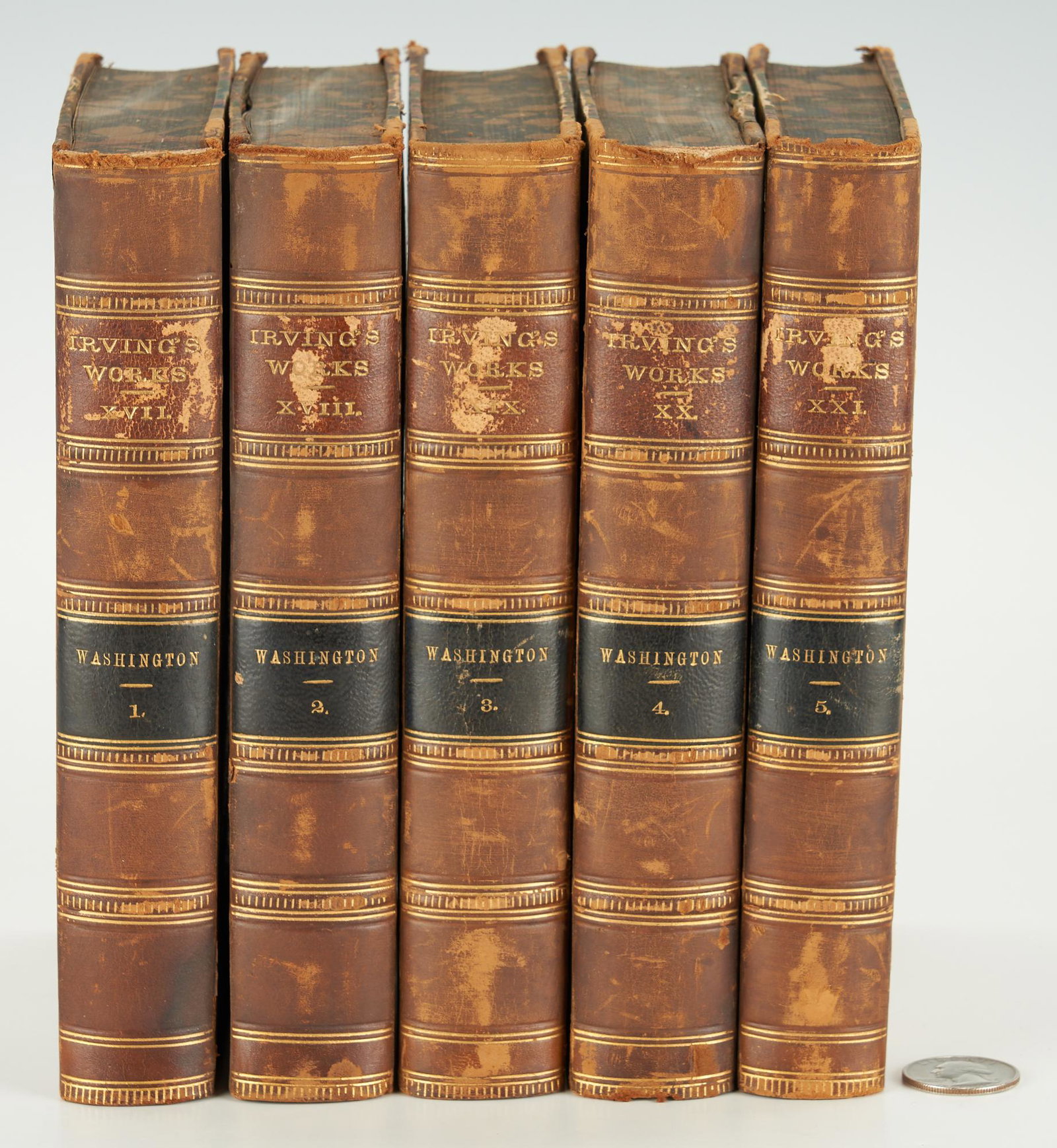 Irving, Life of George Washington, Vol. I-V, 1861: LIFE OF GEORGE WASHINGTON, Vol. I-V, by Washington Irving, published by G. P. Putnam, New York, 1861. Hardcover octavos, 2,336 total marbled-edged pages, each volume with two steel engraved frontispie