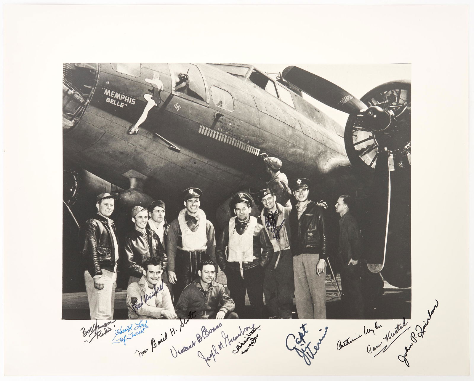 Crew of Memphis Belle Autographed Photograph: Black and white photographic print signed by members of the crew of the Memphis Belle, a B-17 Boeing Flying Fortress, piloted by Robert K. Morgan of the United States 8th Air Force's 91st Bomb Group,