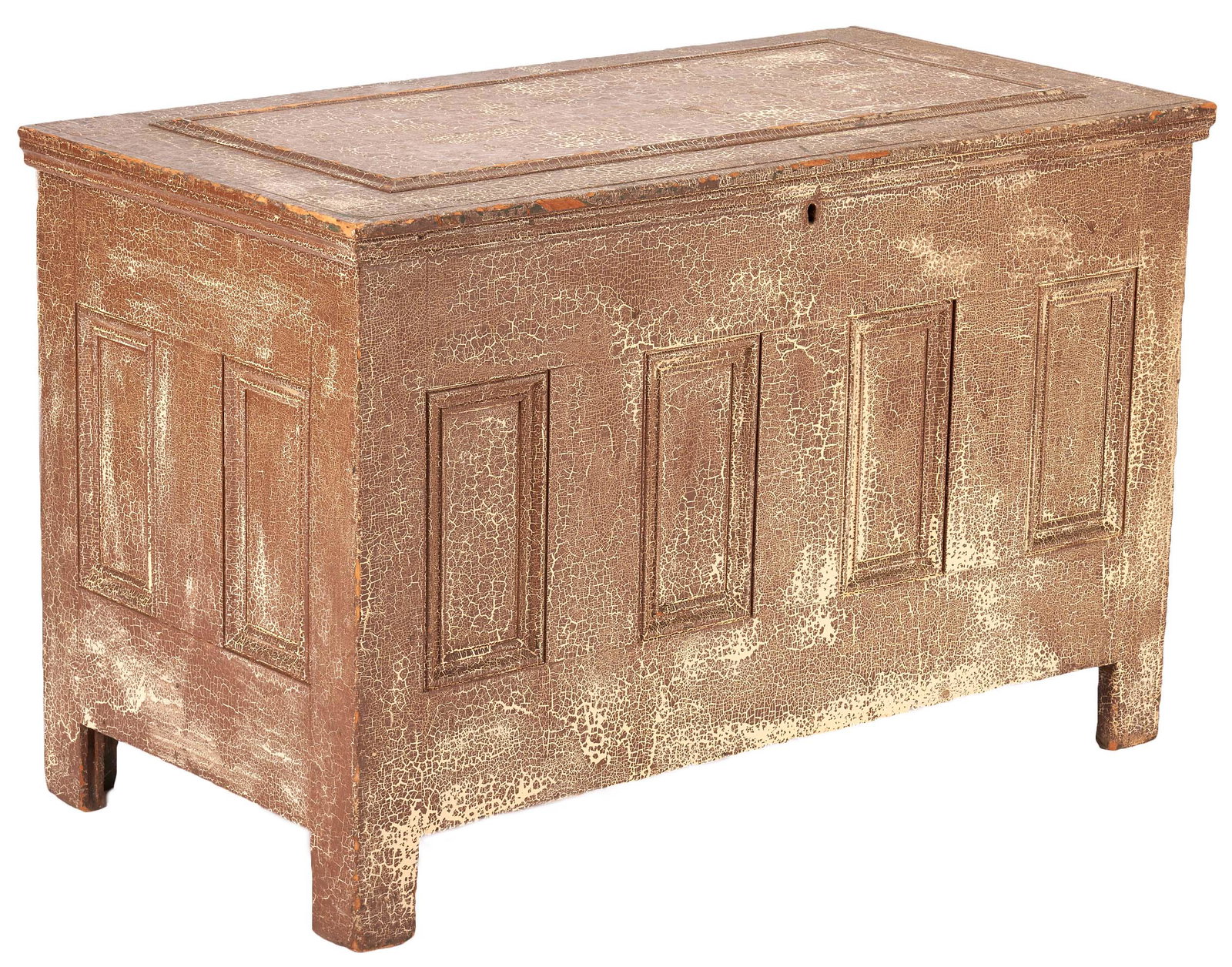Post & Panel Painted Blanket Chest: Painted blanket chest, poplar throughout, with paneled top, front and sides; post and paneled construction and straight feet. Old painted surface with alligatoring throughout. Interior with till havin