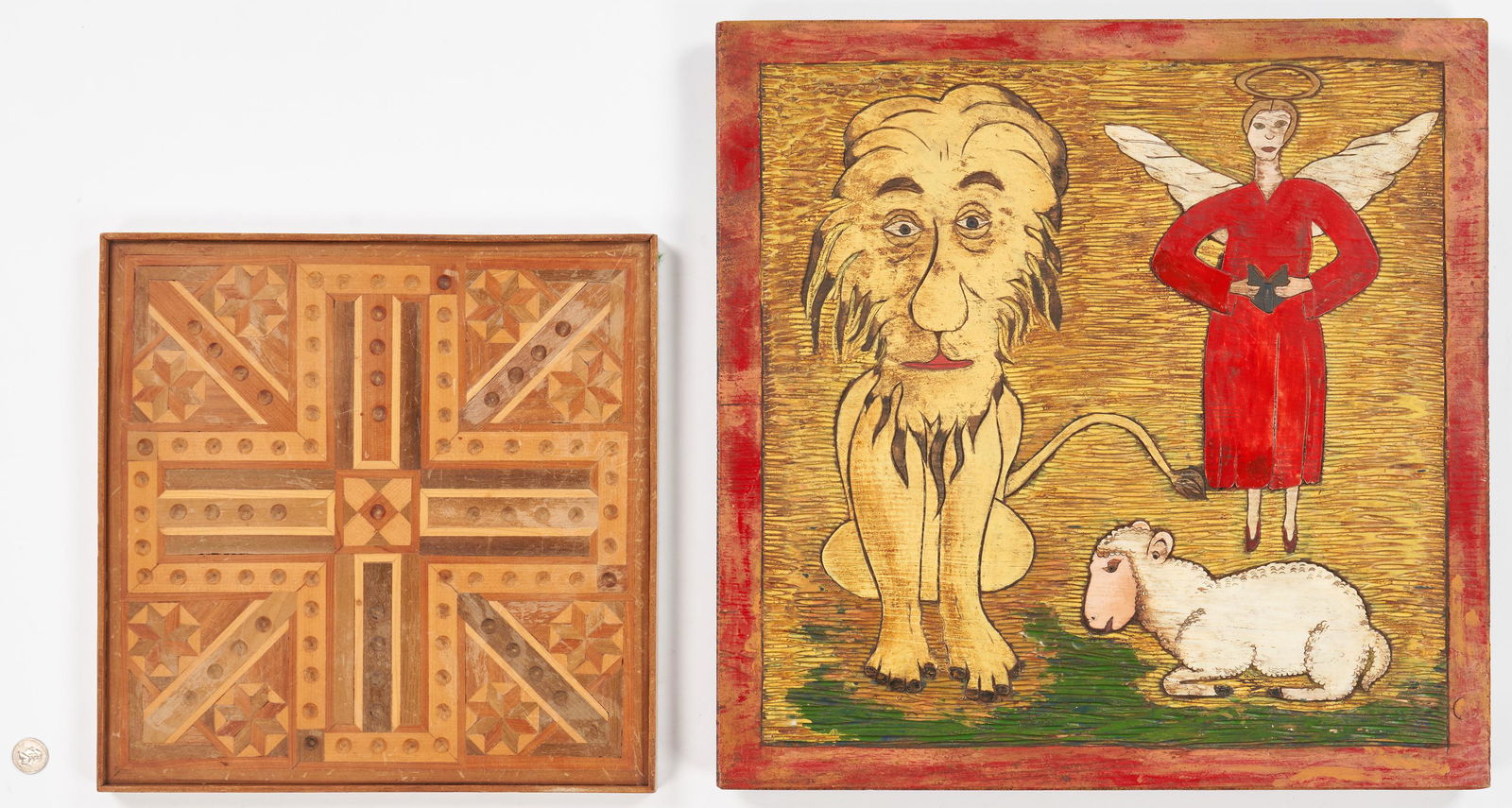 Folk Art Carved Lion & Lamb w/ Marquetry Game (1 of 15)
