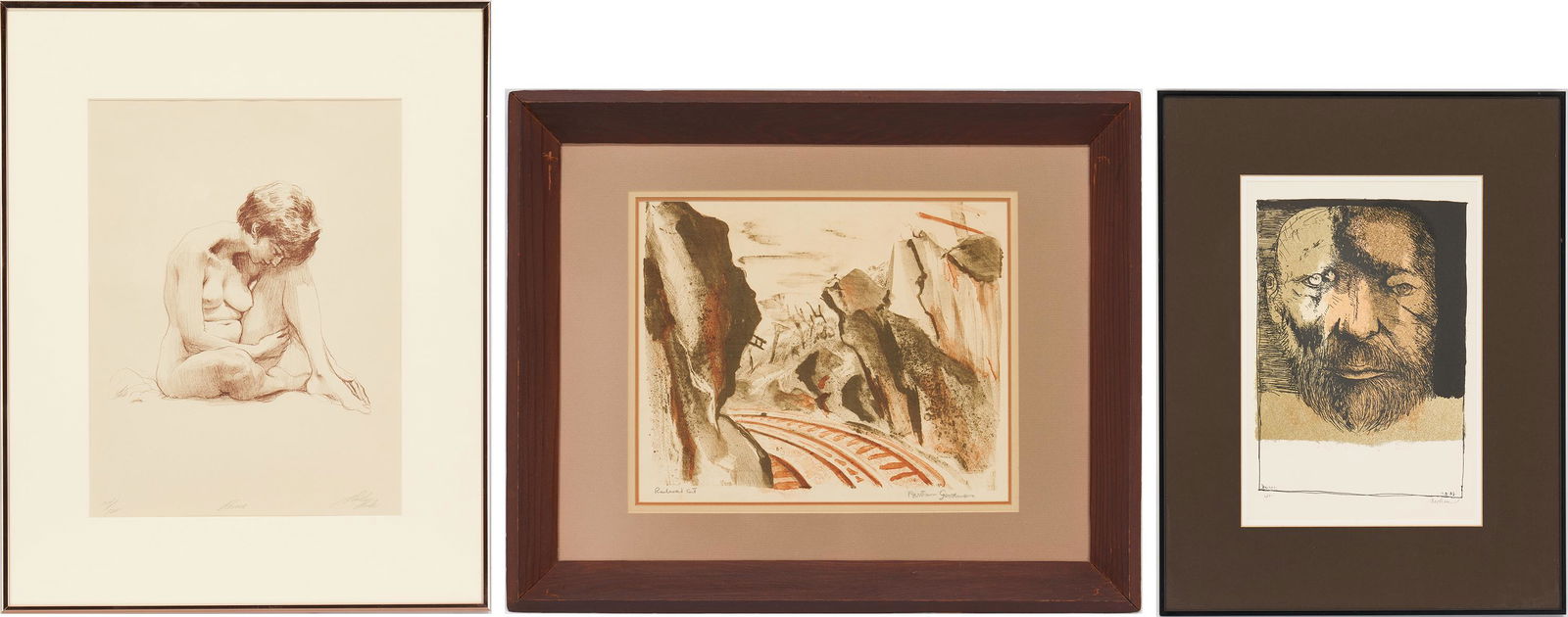 3 American Works on Paper, incl. Bertram Goodman,: Three (3) 20th Century American artworks on paper, including Bertram Goodman and Leonard Baskin. 1st item: Bertram A. Goodman (New York/Florida, 1904-1988) abstract lithograph in colors titled "Railro