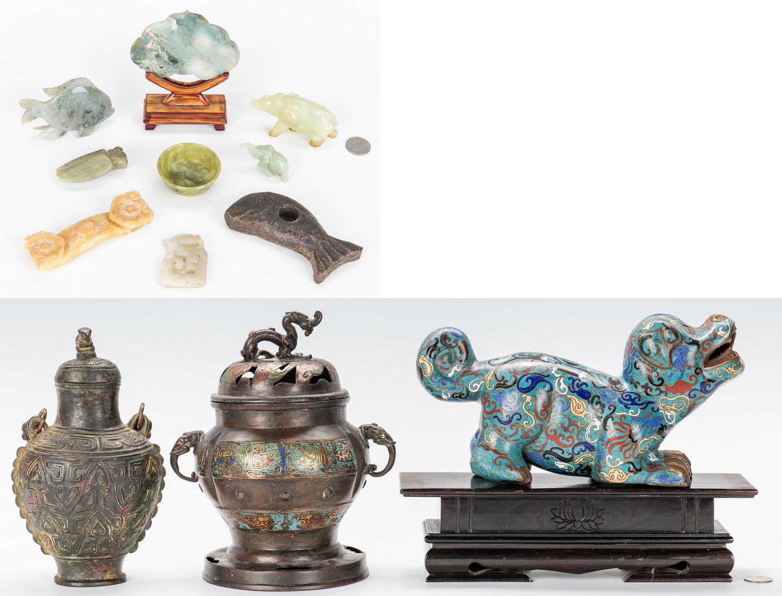 3 Chinese Bronze Items, 9 Asian Carved Jade & Hardstone (1 of 20)