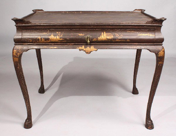 English Chinoiserie Queen Anne Style Table: English Chinoiserie Queen Anne Style Table, oak with bombe style apron and drawer, cabriole hoof feet. Cracklure to paint with minor exfoliation, couple of crack separations to top, some minor chips a