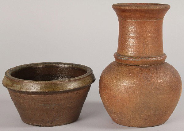 Lot of 2 Middle TN Pottery Items: Lot of 2 Middle TN Pottery Items, bowl and vase. 1st item - Middle Tennessee stoneware bowl, green glaze with brown drips and tapered rim. Very good condition. 4 1/8" H x 7 1/2" D. Late 19th century. 