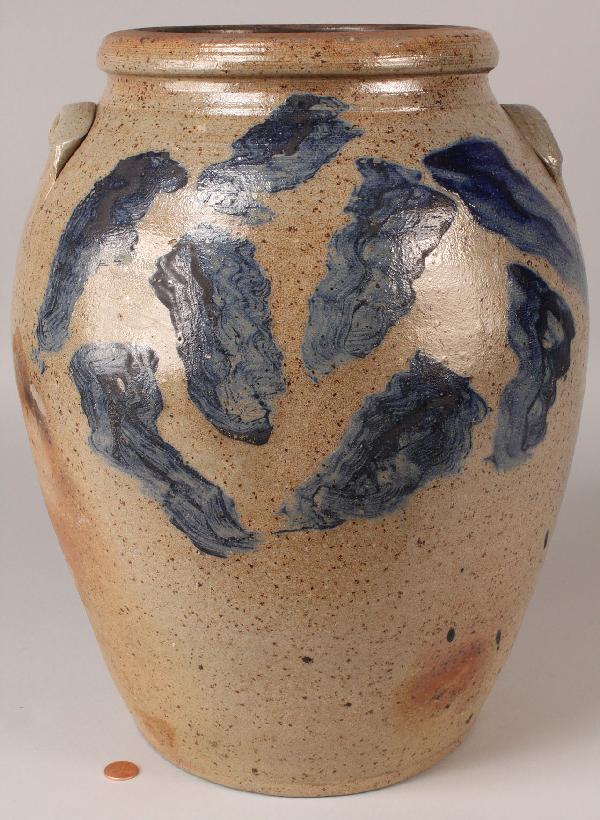 Cobalt Decorated Stoneware Jar: Southern or Mid-Atlantic cobalt decorated stoneware jar inscribed "5" (denoting gallon capacity), lug handles and brushed cobalt decoration. Very good condition.15 1/2" H. Third quarter 19th century.