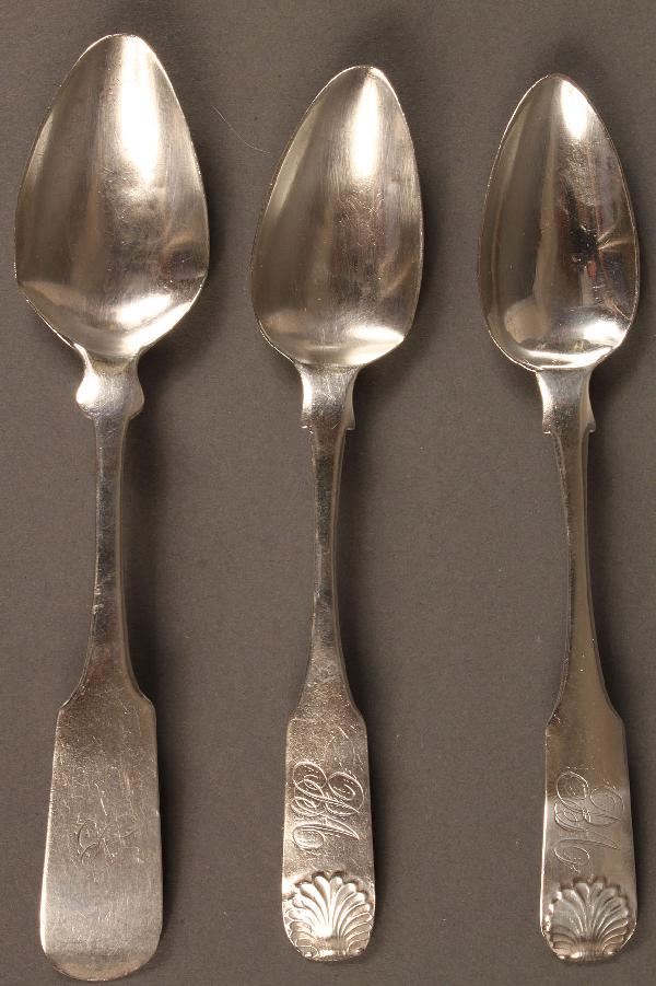 Keesee Richmond VA Coin Silver Spoon + 2 shell patt: Lot of three coin silver teaspoons. 1st item: teaspoon with reverse tipt handle and rounded fins, marked G. Keesee (working Richmond, Virginia., 1831-?) in rectangle and monogrammed B. 2nd and 3rd ite