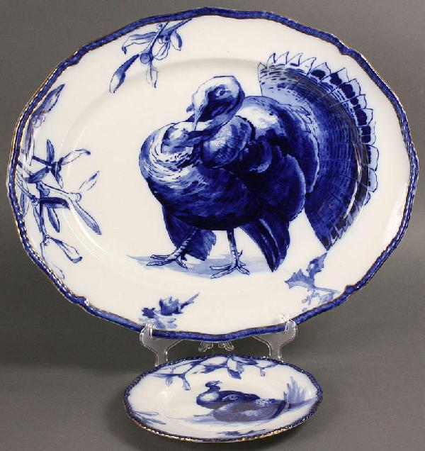 Turkey Platter and Plate, Doulton-Burslem: Doulton-Burslem Turkey platter and plate. 1st item - Large Royal Doulton Burslem flow blue and white transfer ware turkey platter, blue underglaze Royal Doulton mark, impressed mark for Burslem Doulto