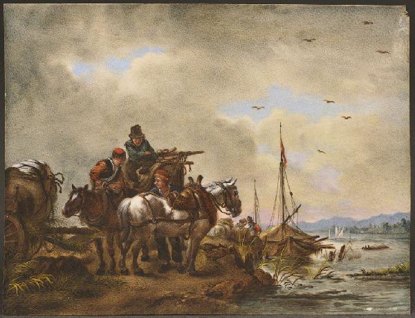 Continental Miniature Landscape on Ivory: Miniature landscape on ivory, after Philips Wouwerman (Dutch, 1619-1668) depicting river landscape with wagon, horses, men, and ferry boat. German title en verso and signed "Philips Wouwerman" en vers