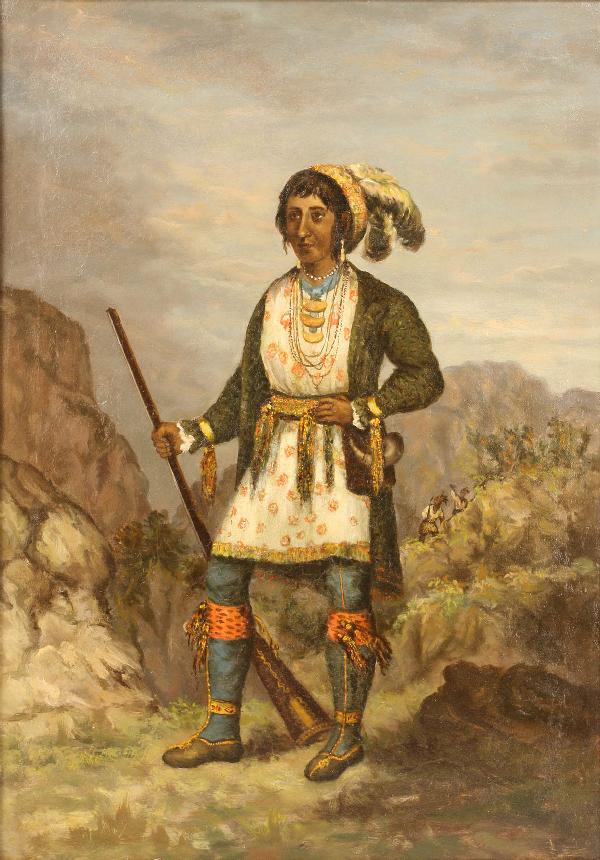 19th c. portrait of Osceola, oil on canvas: 19th century oil on canvas painting, full length portrait of Native American leader, Osceola (1804-1838). Depicts the warrior in full attire holding a long rifle in the foreground, against a landscape