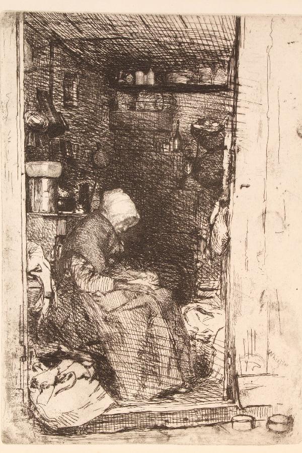 James Whistler etching, "La Vielle Aux Loques": James A. M. Whistler (1834-1903, American) etching titled " La Vielle Aux Loques" depicting an elderly woman seated in her doorway. Number 21 from the series "Etchings in Nature". Printed in 1858 by D