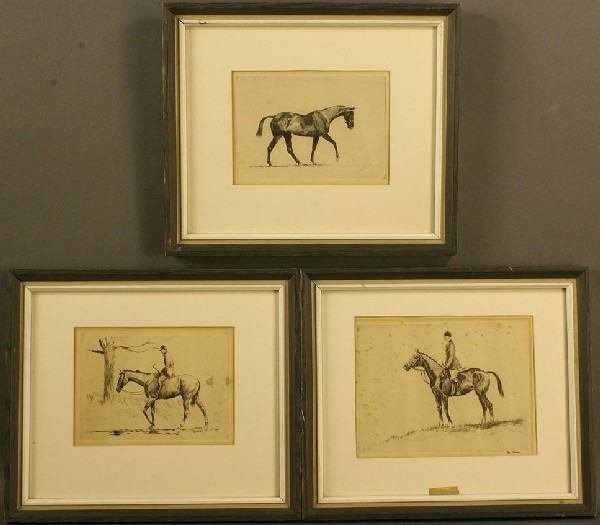 3 Paul Desmond Brown Etchings & 1950's Ice Bucket: Grouping of 3 Equestrian etchings, Paul Desmond Brown (American, 1893-1953) depicting three race horses, two with jockeys, one signed lower right. Condition - Overall toning and foxing to all. One wit