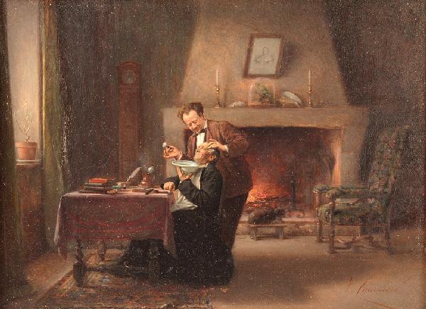 Vincent Chevilliard oil on board, Man being shaved: Vincent Jean-Baptiste Chevilliard (French, 1841-1904), Framed Oil on Board of an Interior scene of an older man being shaved and a fire burning in fireplace in background. Signed "V. Chevilliard" lowe