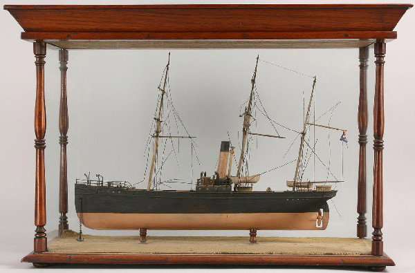 Triple masted Ship model: Model of a three masted ship displayed under glass in a mahogany case. Damage to threads and flag, case in good condition. Boat: 17"L x 12" H; Case: 18 1/2" H x 28" W x 11 1/2" D. Ship probably 20th c