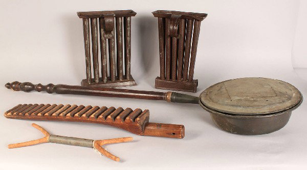 Tin candle molds, bedwarmer & other primitives, lo: Lot of 5 Primitive items. First item: unknown hand carved wooden paddle shaped item, 22" L. 2nd item: unknown wishbone shaped wood and metal object. 3rd item: early wood and copper bedwarmer, 43" leng