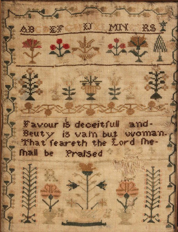 Silk on Linen Sampler, 1808: Early silk on linen school girl sampler, dated 1808. Floral border with alphabet over two rows of bird and flower and tree designs, over a verse: "Favour is deceitful and/t beuty is vain but woman/ th
