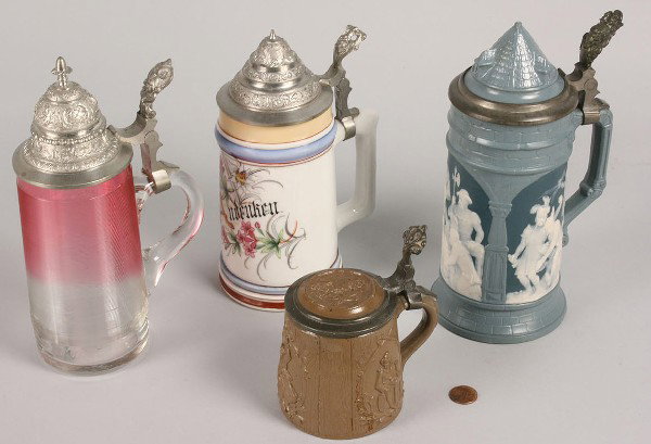 Lot of 4 Beer Steins. 2 German: Lot of 4 Beer Steins. 1st item - Villeroy & Bock "Mettlach" beer stein, dark brown body with men in various poses, #1037.2. German. 1/4L. 5" H. 2nd item - Villeroy & Bock "Mettlach" beer stein, cameo 