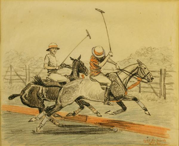 Paul Desmond Brown equestrian pastel: Equestrian Pastel, crayon with white gouache, titled "Over the Boards A.1.1. Rye, NY" by Paul Desmond Brown (American, 1893-1953) depicting two players in polo match. Signed and titled lower right. ov