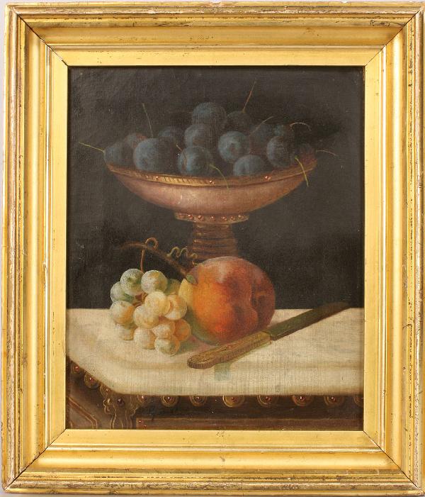 George Cope oil on canvas Still Life: George Cope (American, 1855-1929) oil on canvas still life of plums in center bowl with grapes, peach and knife on table. Signed lower left center and signed and dated 1892 on reverse. Overall very go