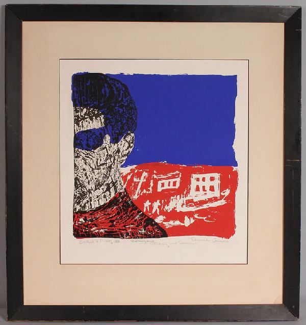 Emma Amos "Horizons" Etching and Serigraph: Etching and serigraph by Emma Amos (African American printmaker, b. 1938). Pencil signed and titled "Horizons"/ "Artist's Proof VIII." Ivory linen mat with black painted frame. Some surface scratching