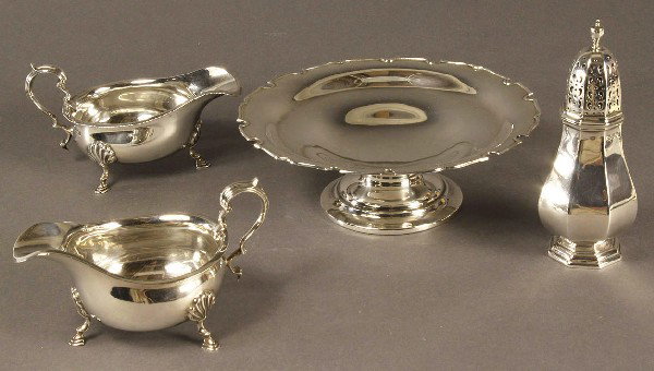 4 English Sterling Silver Items: 4 English Sterling Silver items. 1st and 2nd items: Pair of Mappin and Webb Sterling Silver Sauceboats, each raised on three stepped pad feet and plain body with beaded edge terminating with flared li