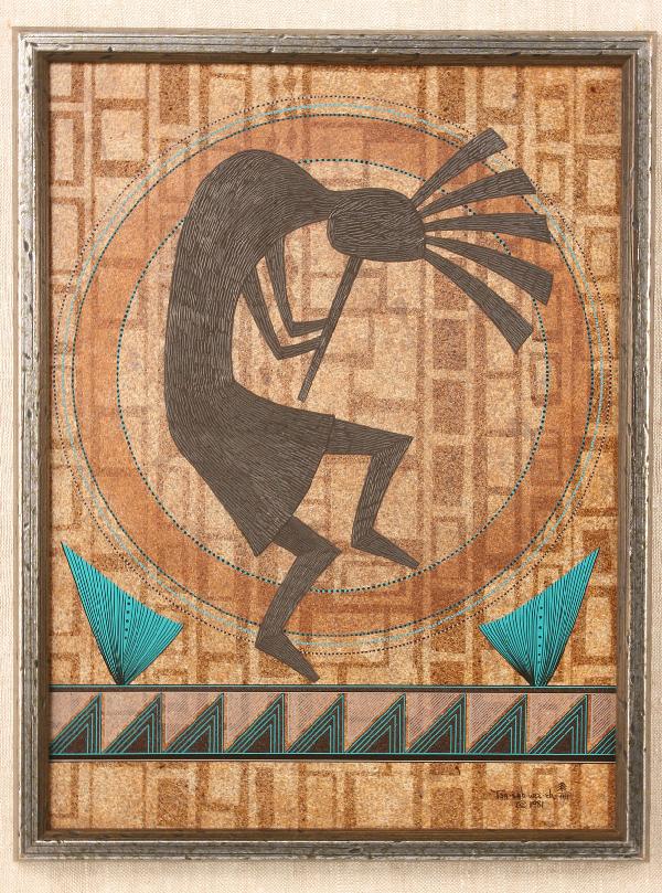 Helen Hardin Acrylic on board Flute Player: Acrylic on Board painting by Helen Hardin (1943-1984) "Hopi Flute Song". Depicts dancing Native American flute player encircled in a stylized round sun and with geometric grasses and stylized geometri