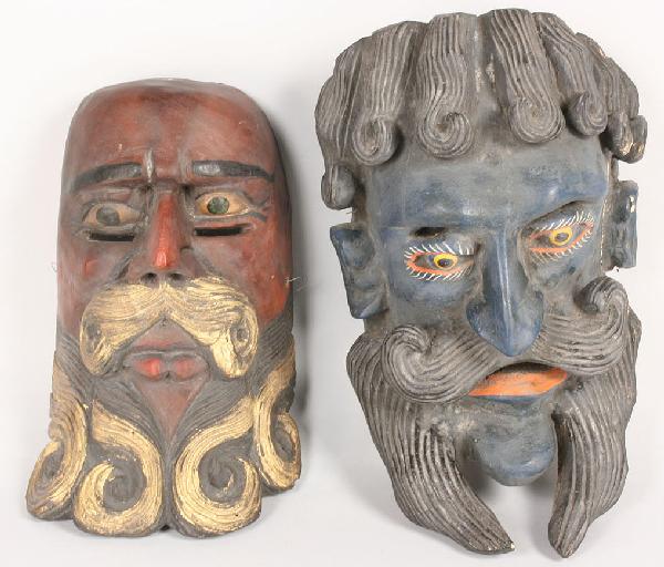 Pr Mexican Folk Art Moor masks, red and blue beard: Mexican Folk Art "Moor" mask, bearded men. 1st item - Mexican folk mask polychrome painted red and black with some gilding on beard (12"). 2nd item - Blue polychrome painted man with black curly hair